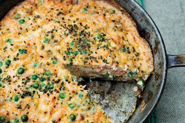 Smoked salmon, pea and red onion frittata, by Tom Kitchin
