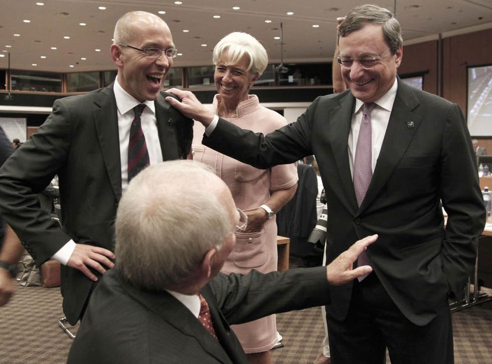 Mario Draghi, right, with German Finance Minister Wolfgang Schäuble, bottom, and IMF managing director Christine Lagarde