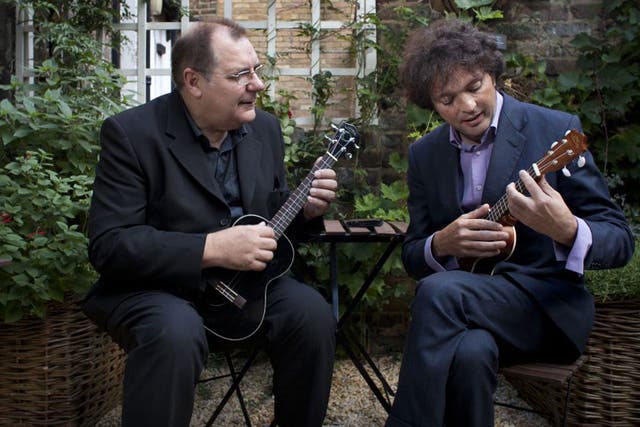 George Hinchliffe, left, gives Tom Hodgkinson a masterclass in the ukulele 
