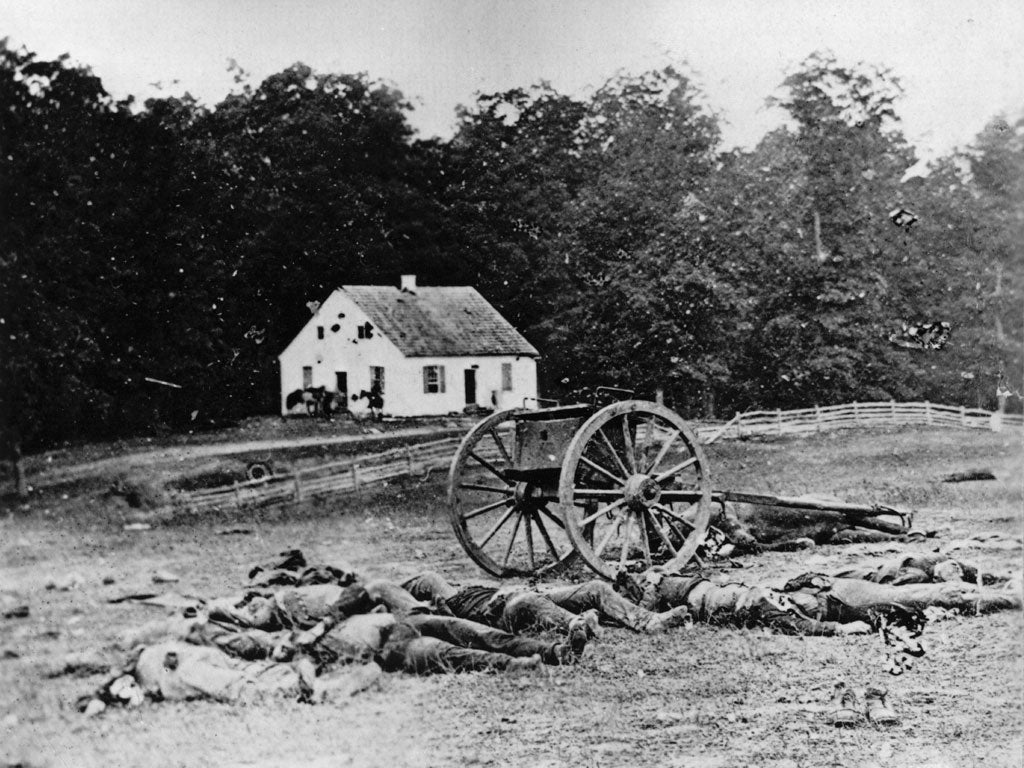 Slaughter: The bodies of civil war soldiers await burial by a church in Antietam, Maryland, in 1862