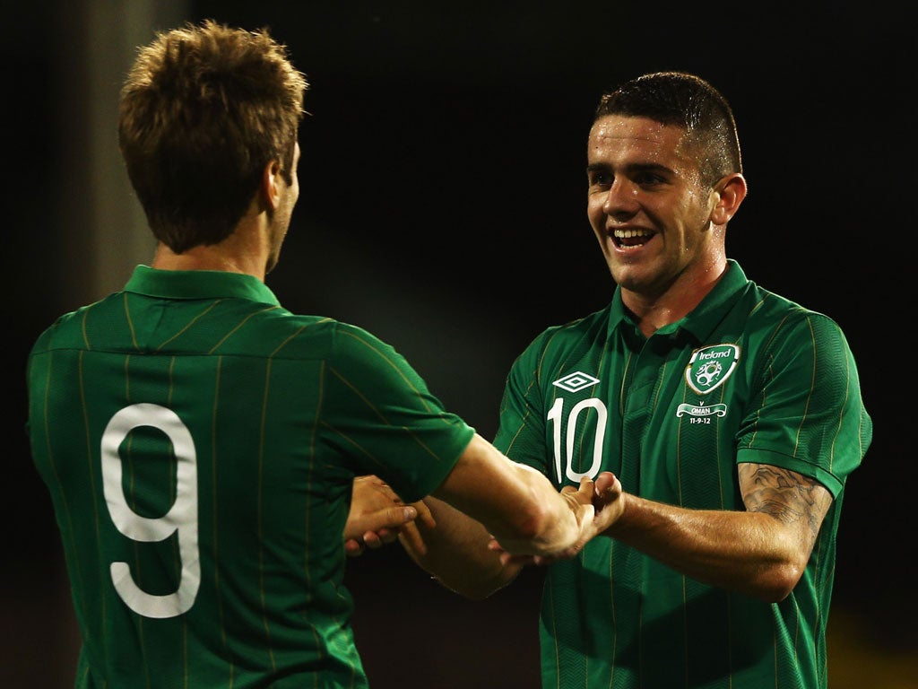 Irish eyes: Robbie Brady celebrates in Ireland's friendly at Craven Cottage