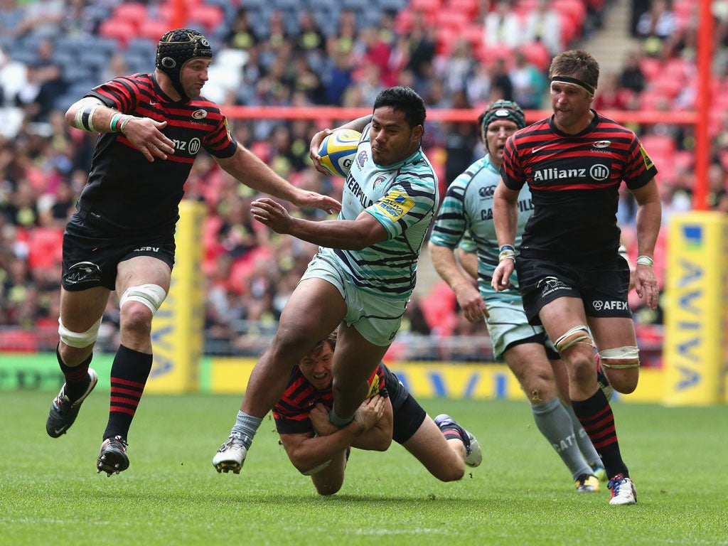 Tiger tamed: Leicester outside centre Manu Tuilagi’s charge is held in the uninspiring draw at Wembley