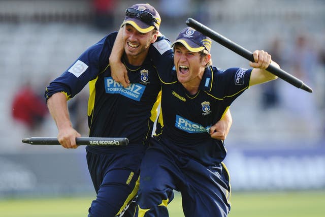 Wicket takers: James Vince (left) and Liam Dawson of Hampshire celebrate victory off the last ball