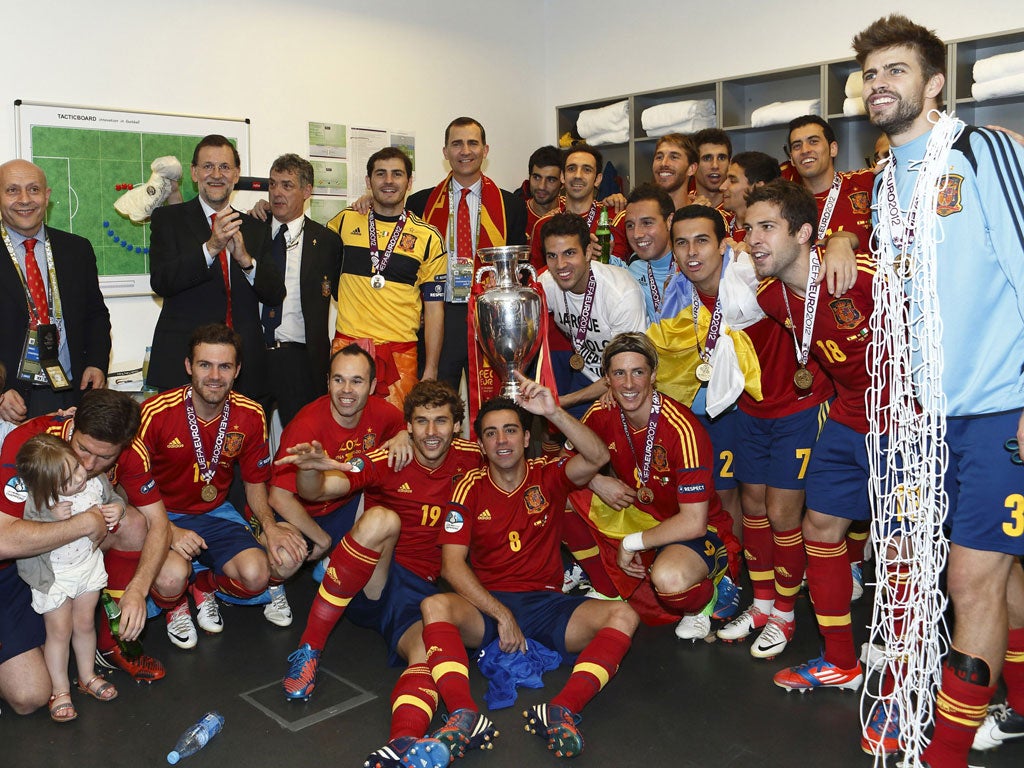 25 June - 1 July 2012 Spain’s players celebrate winning Euro 2012 with Prince Felipe of Spain. It was their third consecutive major tournament win.