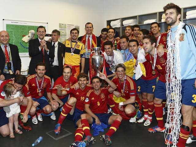 <b>25 June - 1 July 2012</b><br/>
Spain’s players celebrate winning Euro 2012 with Prince Felipe of Spain. It was their third consecutive major tournament win.
