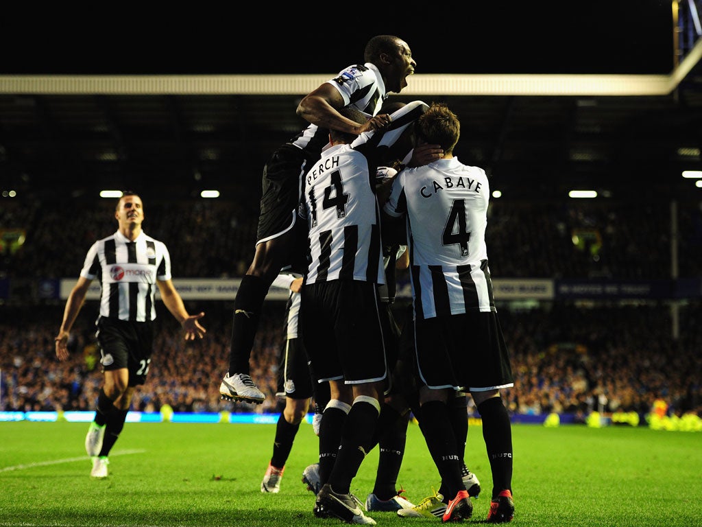 17 September 2012 Newcastle players celebrate Demba Ba’s last minute equaliser as they drew 2-2 with Everton in a thrilling encounter.