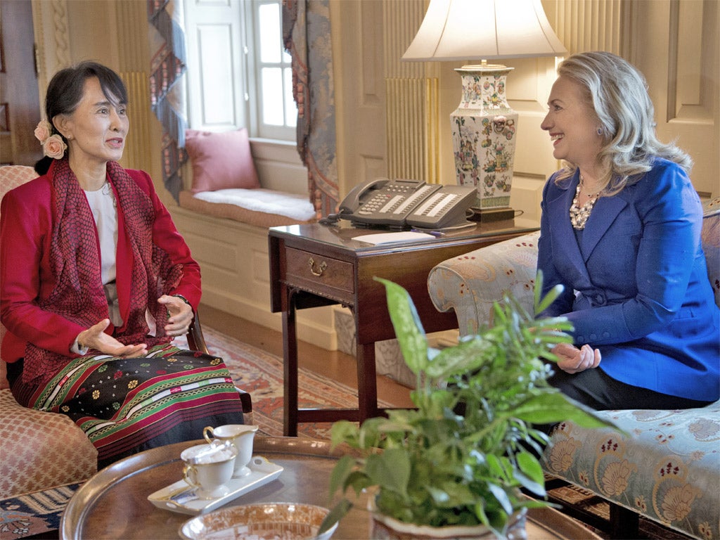 Aung San Suu Kyi meets Hillary Clinton in Washington yesterday