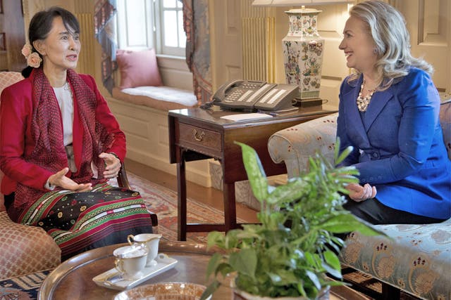 Aung San Suu Kyi meets Hillary Clinton in Washington yesterday