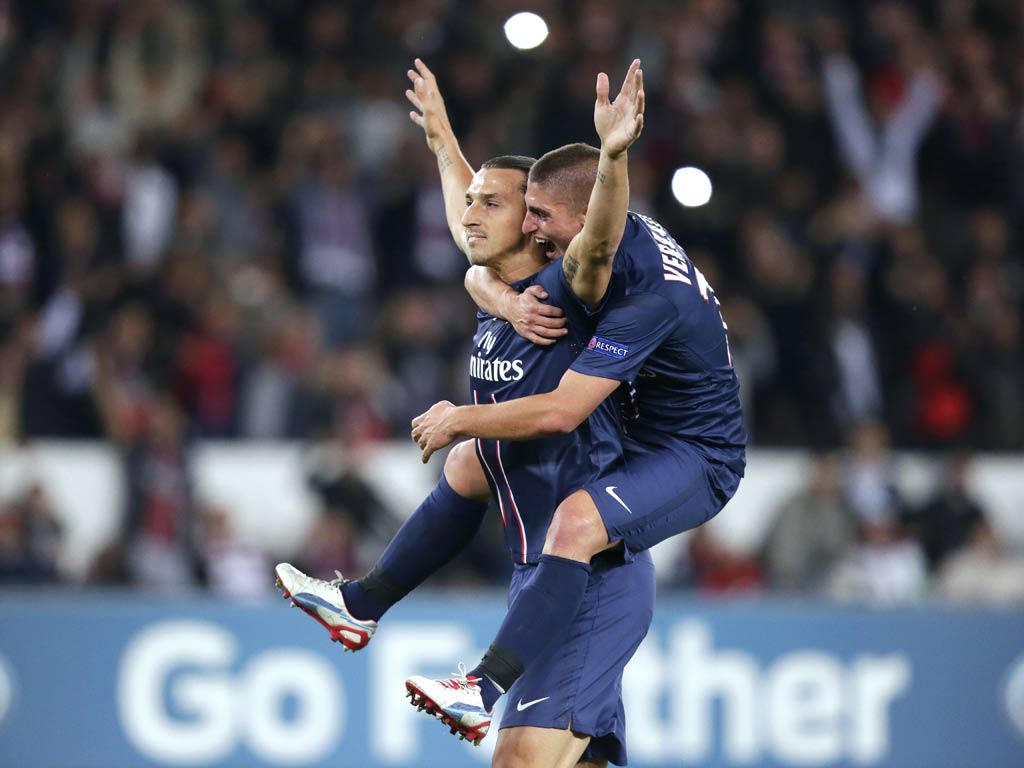 Zlatan Ibrahimovic celebrates a goal in the Champions League