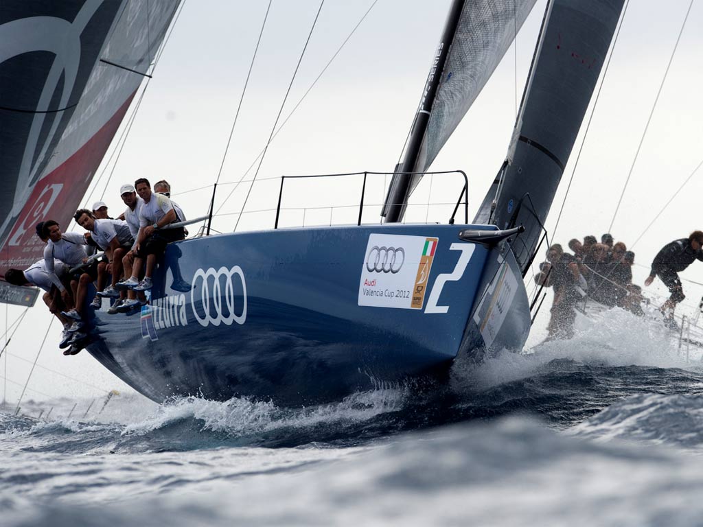 Italy’s TP52 Azzurra still has to be content with second in the 52 Super Series but is threatening America’s Quantum (right) in the Audi Valencia Cup