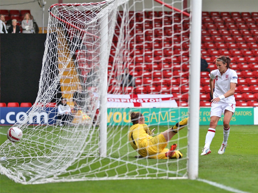 Jill Scott scores England’s opening goal against Croatia in Walsall last night
