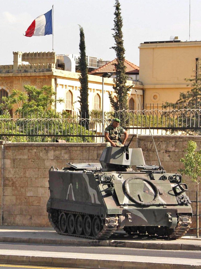 Troops patrol the French embassies in Beirut