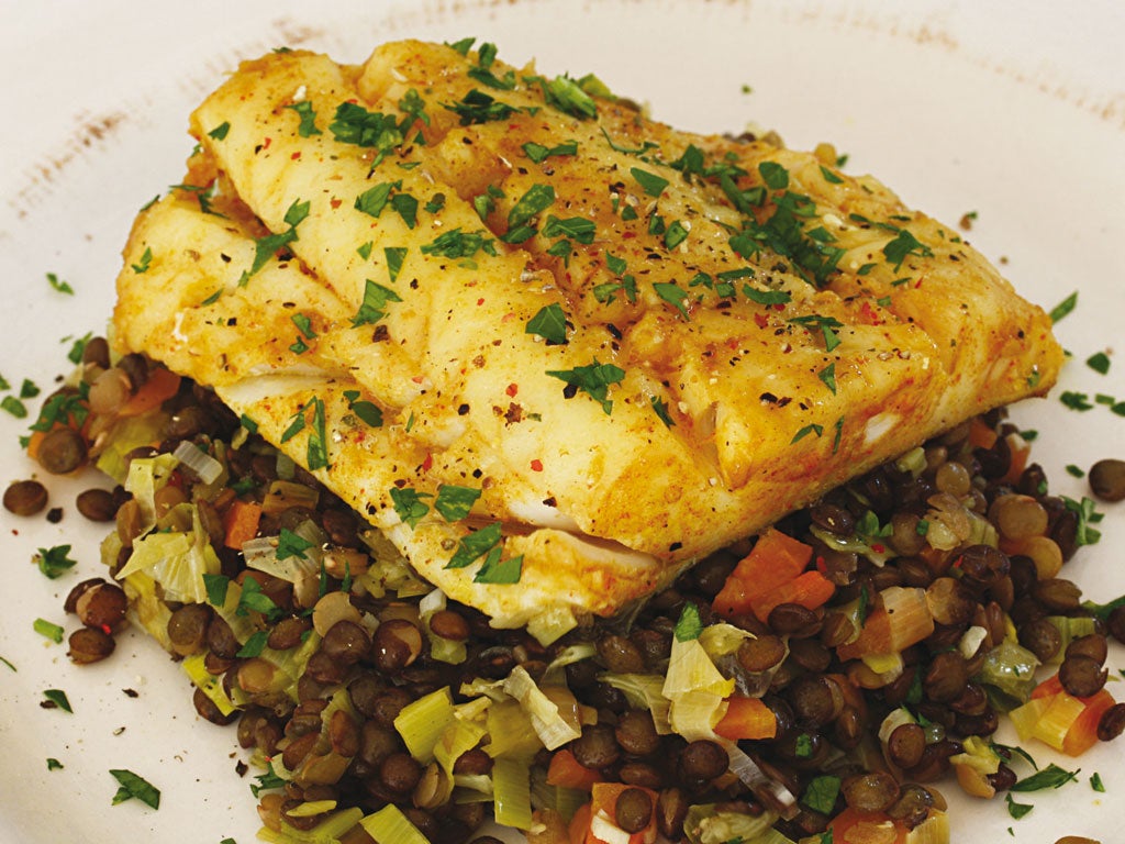 Devilled cod fillets on a bed of puy lentils | The Independent | The ...