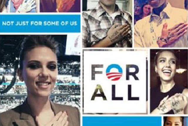 Scarlett Johansson, Jon Hamm with his partner Jennifer Westfeldt, Natalie Portman, Zach Braff, ordinary Americans and Texan Rick Perry show their support for Obama