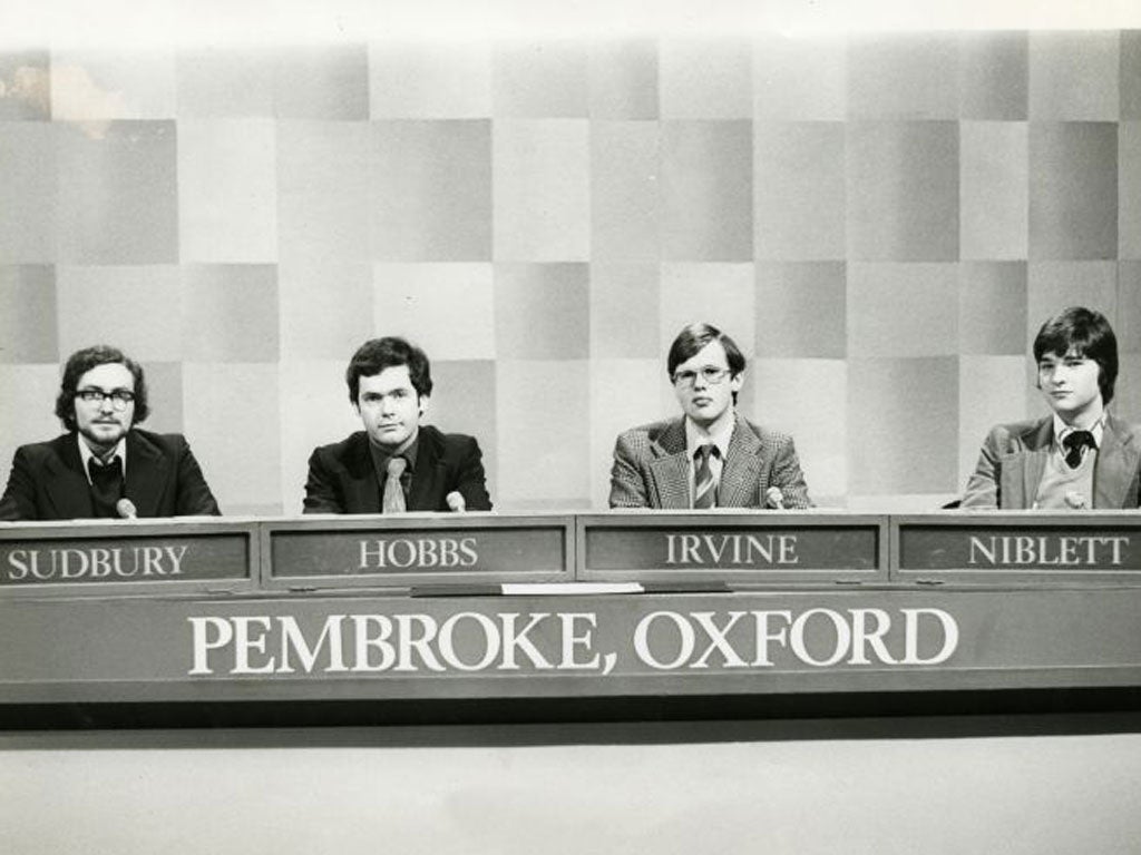 Brain power: Ian Irvine and his team-mates from Pembroke College, Oxford, on the programme in 1997
