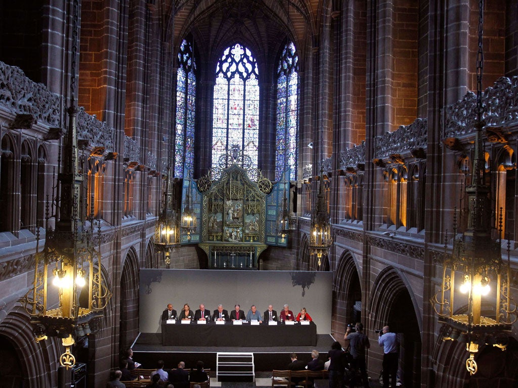 The Hillsborough Independent Panel answers media questions about its findings during a press conference at Liverpool’s Anglican Cathedral earlier this month