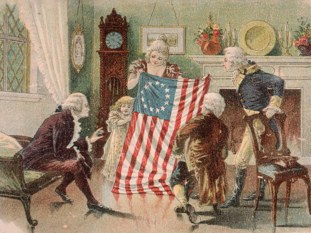 American seamstress Betsy Ross showing the first design of the American flag to George Washington in Philadelphia.