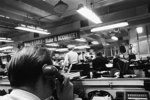 Journalists at work in the editorial offices of the Daily Express, 1 Jan 1968