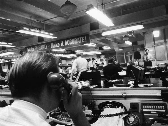 Journalists at work in the editorial offices of the Daily Express, 1 Jan 1968