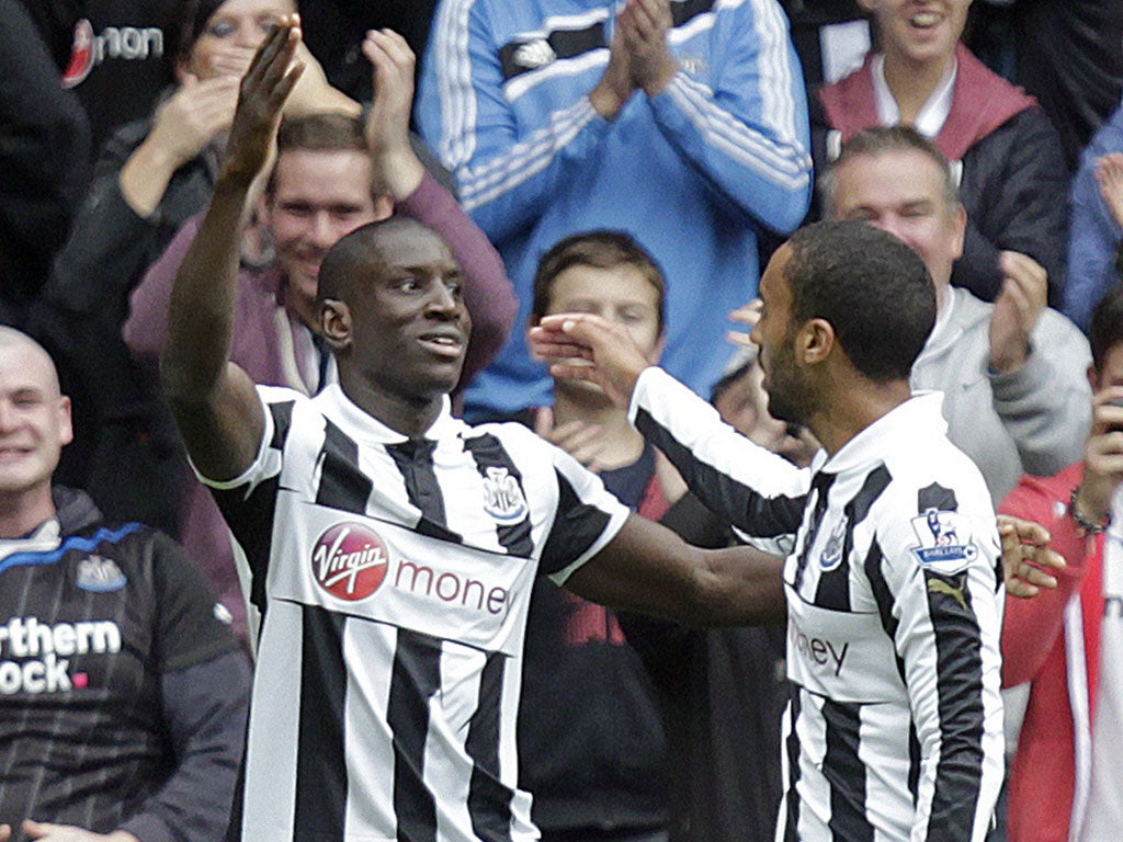Newcastle's Demba Ba celebrates his third goal in two Premier League games