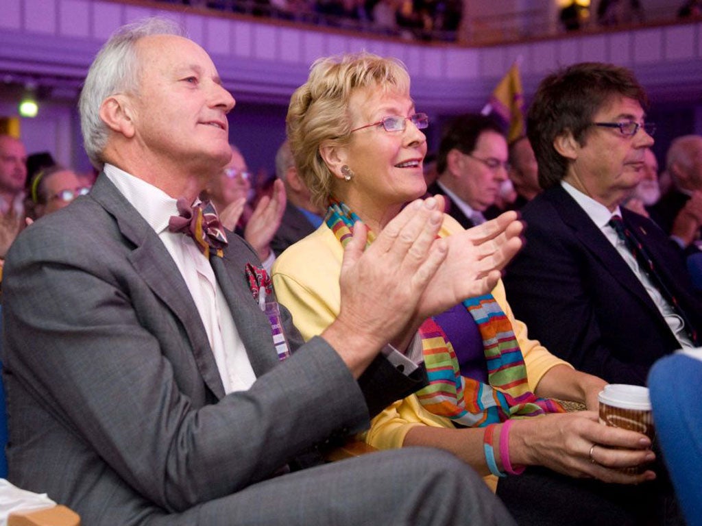 L-R Neil and Christine Hamilton and DJ Mike Read at the 2012 UKIP Conference, Birmingham Town Hall.