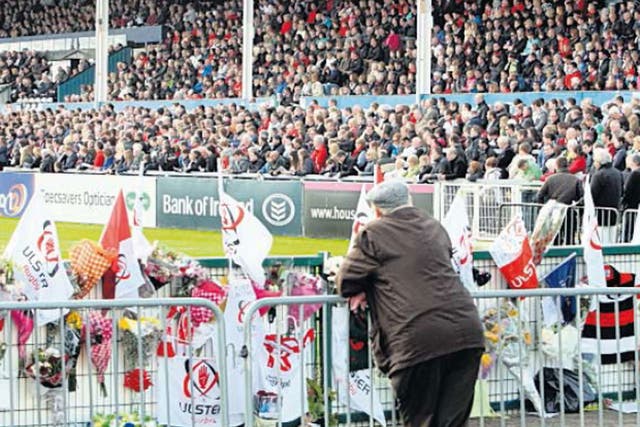 Rugby fans at Ravenhill mourn the death of Nevin Spence