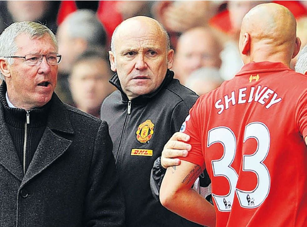 Jonjo Shelvey and Sir Alex Ferguson exchange words at Anfield yesterday