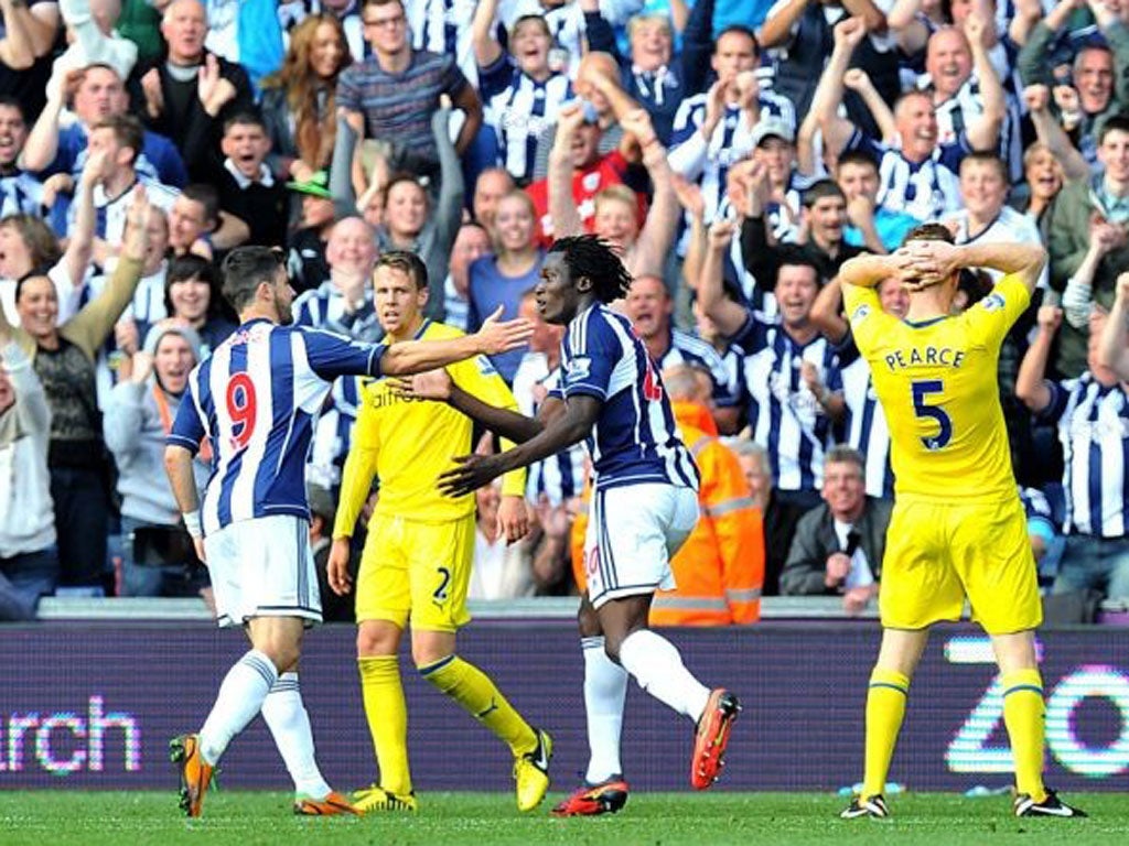 Romelu Lukaku is congratulated on his goal for West Bromwich