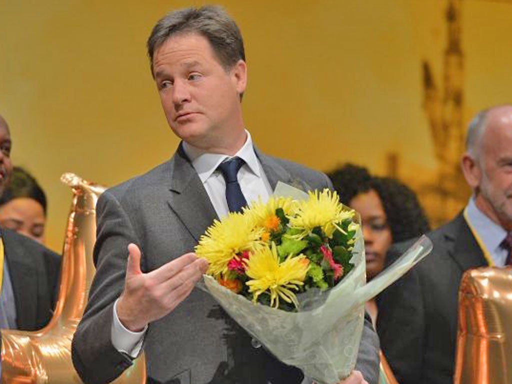 He had the flowers to hand, but Nick Clegg was in no mood to add
to last week’s mea culpa as he faced awkward questions over his
leadership at the Lib Dem party conference yesterday