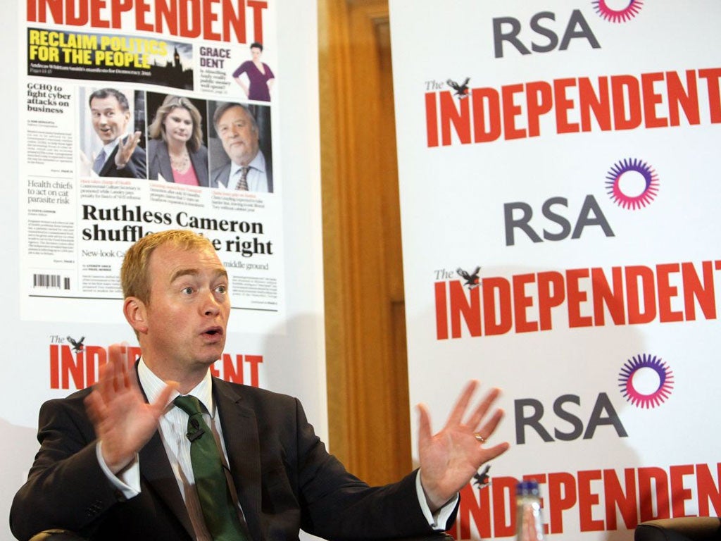 Liberal Democrat president Tim Farron at The Independent/RSA
fringe meeting in Brighton
