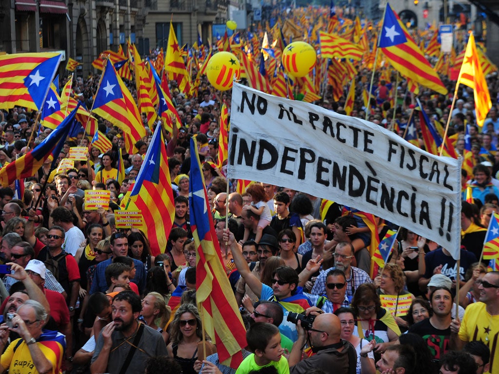 Supporters of independence for Catalonia demonstrate on September 11, 2012 in Barcelona.