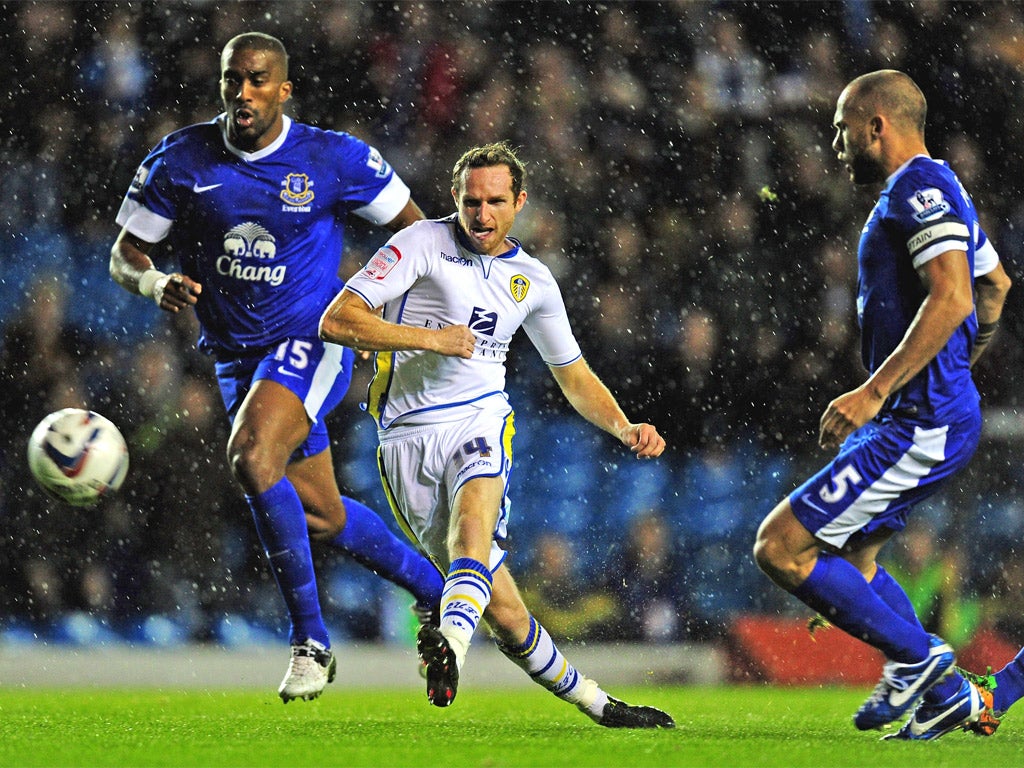 Aidan White scores the opening goal for Leeds United