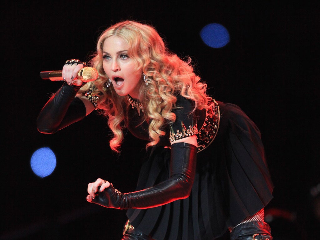 Madonna performs during the Bridgestone Super Bowl XLVI Halftime Show at Lucas Oil Stadium on February 5, 2012 in Indianapolis, Indiana.