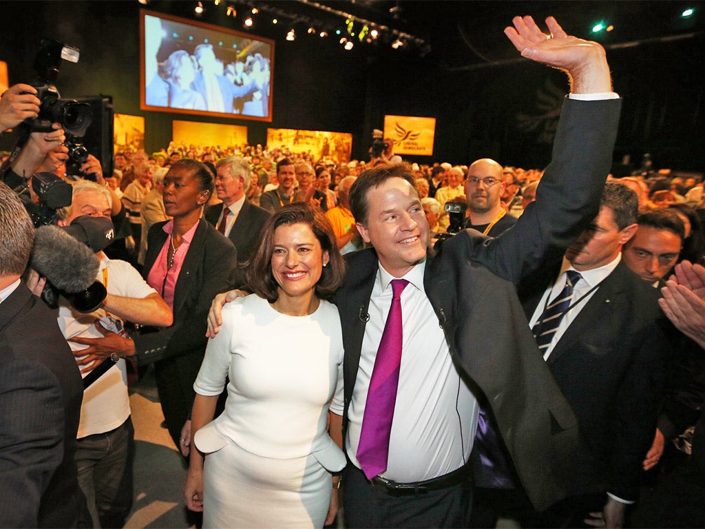 Nick Clegg, with his wife Miriam Gonzalez Durantez, after delivering his keynote speech