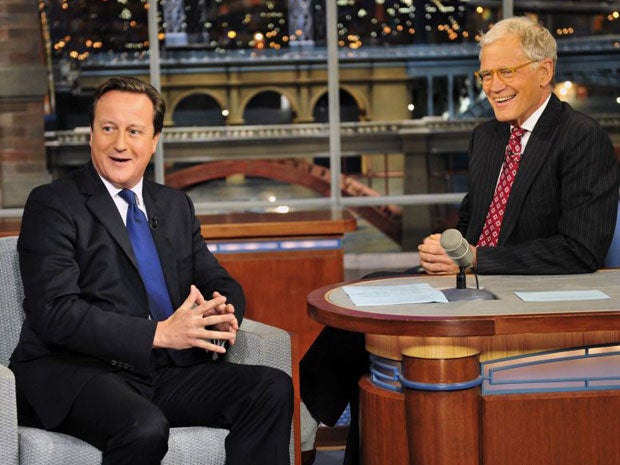 David Cameron was welcomed on to the Late Show by host David Letterman to the tune of the house band playing Rule Britannia and dry ice pumping into the studio to replicate a London fog