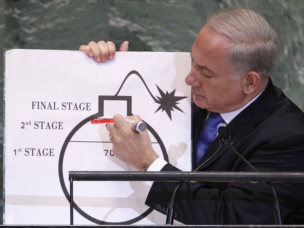Benjamin Netanyahu draws a red line on a graphic of a bomb as he addresses the 67th United Nations General Assembly at the UN Headquarters in New York
