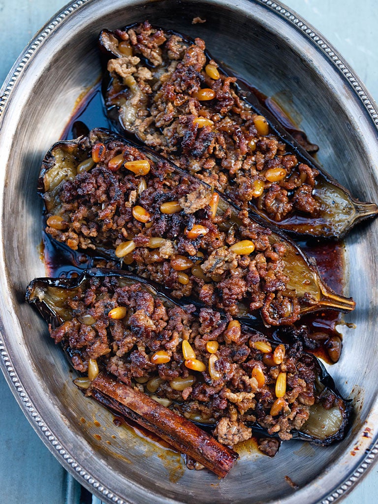 Stuffed aubergine with lamb and pine nuts, by Yotam Ottolenghi and Sami Tamimi
