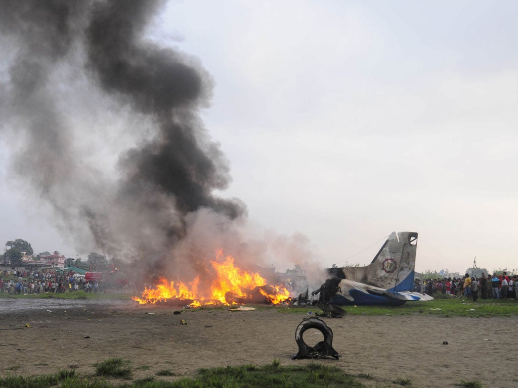The burning Dornier aircraft after it crashed in Kathmandu