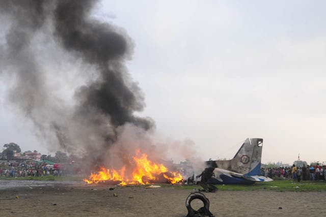 The burning Dornier aircraft after it crashed in Kathmandu
