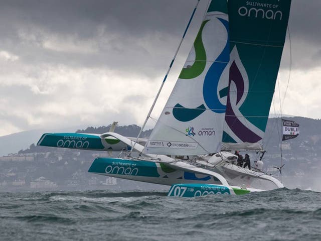 Musandam-Oman Sail under pressure in an earlier European tour race for the MOD70s