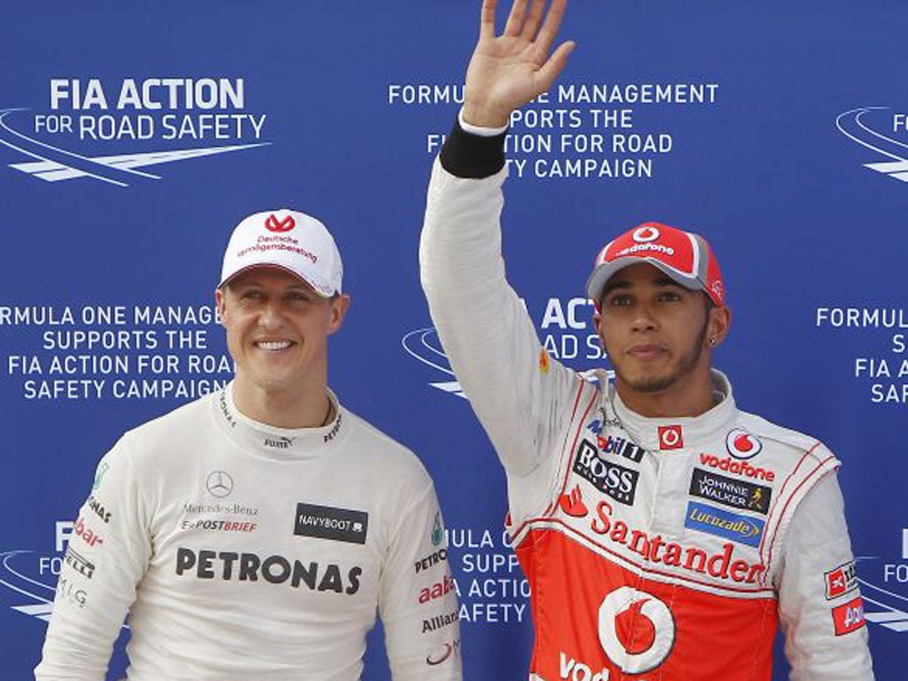 Lewis Hamilton will wave goodbye to McLaren, and succeed Schumacher (left) at Mercedes