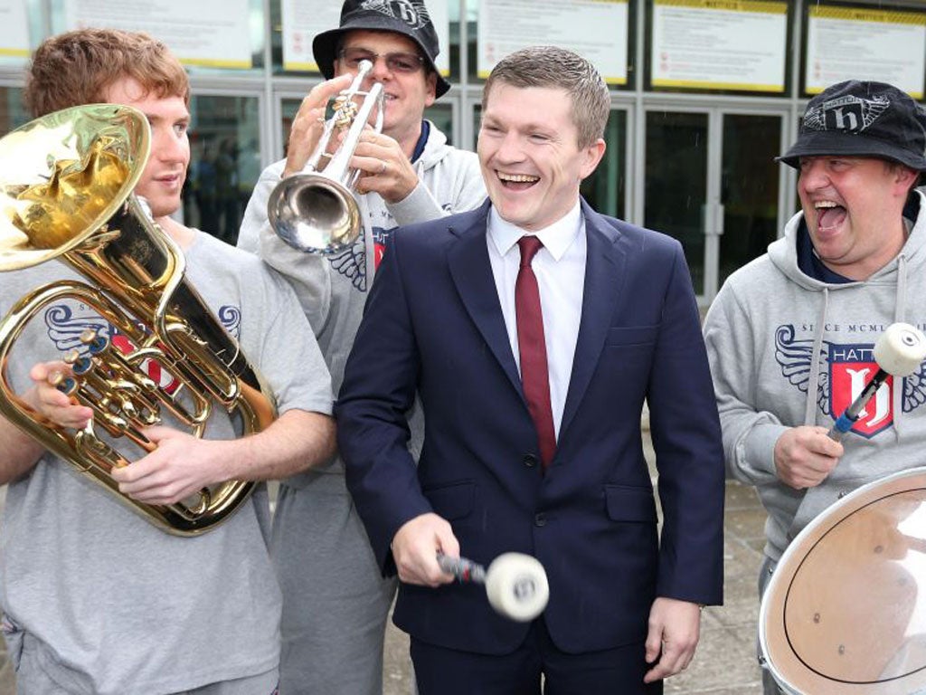 Ricky Hatton, here with his band, has chosen a formidable opponent