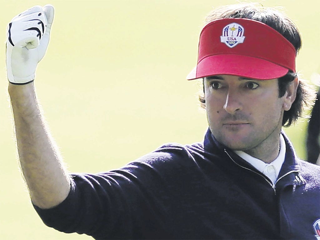 Bubba Watson salutes the crowd on the 12th in the fourballs yesterday