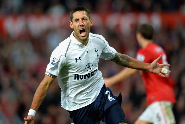 Clint Dempsey of Tottenham Hotspur scores his side's third goal