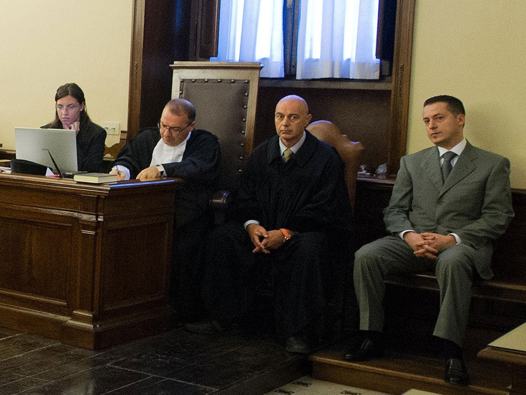 Paolo Gabriele, far right, in the courtroom of the Vatican tribunal yesterday