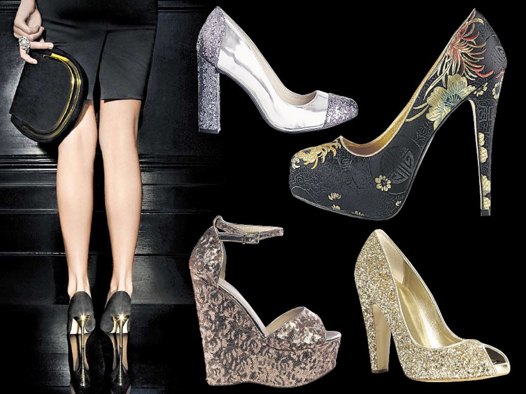 Gold-heeled shoes £90, dune.co.uk; silver glitter- toe courts £45, Faith, debenhams.com; silk-printed courts £70, aldoshoes.com; pink sequin wedges £130, Carvela, kurtgeiger.com gold glitter £68, dune.co.uk; gold-heeled court shoes £55, asos.com