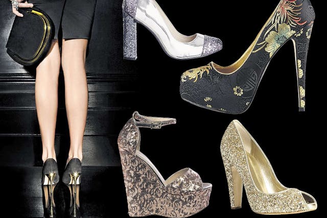 Gold-heeled shoes £90, dune.co.uk; silver glitter- toe courts £45, Faith, debenhams.com; silk-printed courts £70, aldoshoes.com; pink sequin wedges £130, Carvela, kurtgeiger.com gold glitter £68, dune.co.uk; gold-heeled court shoes £55, asos.com