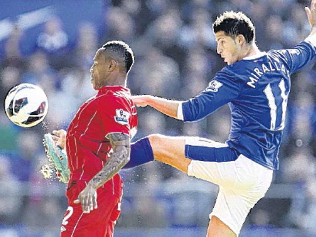 Everton’s Kevin Mirallas tangles with Nathan Clyne