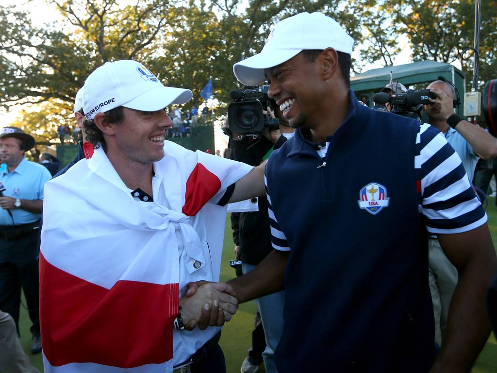 Tiger Woods congratulates Rory McIlroy