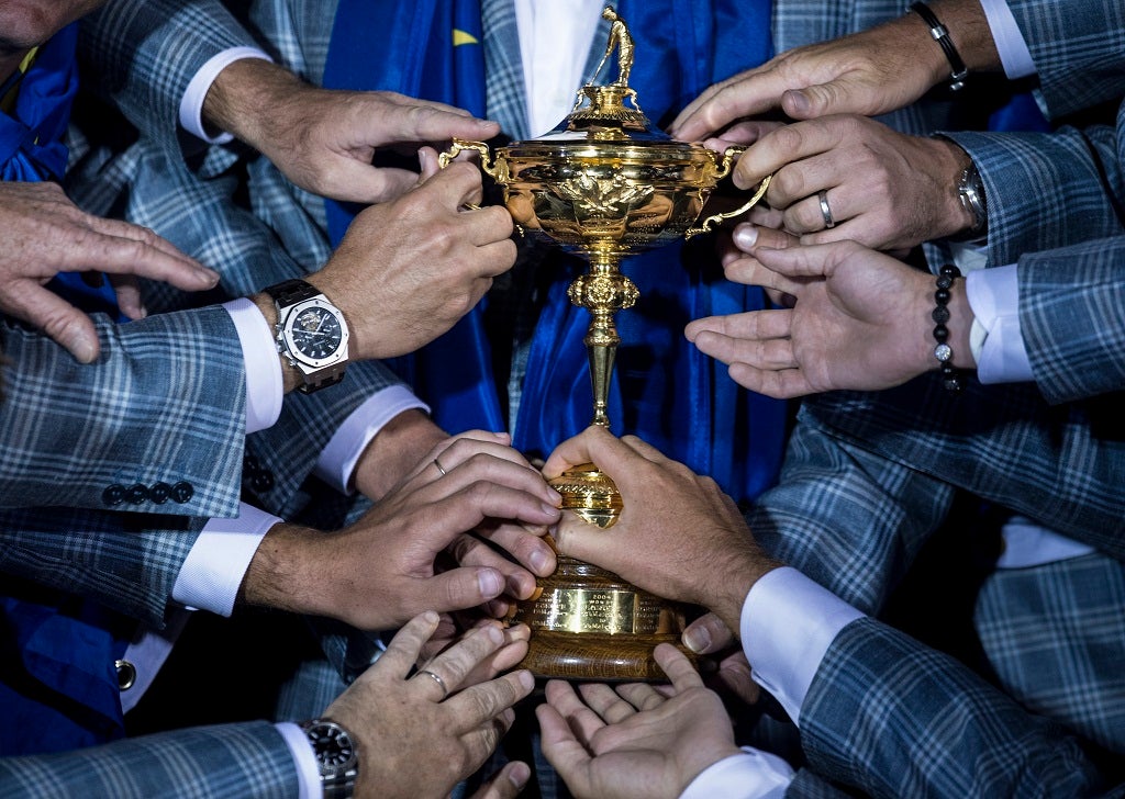 The victorious European team get a feel for the Ryder Cup